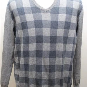 Zara Man V-Neck Men Sweater Gray Checkered Sz XL Cotton Blend Layering